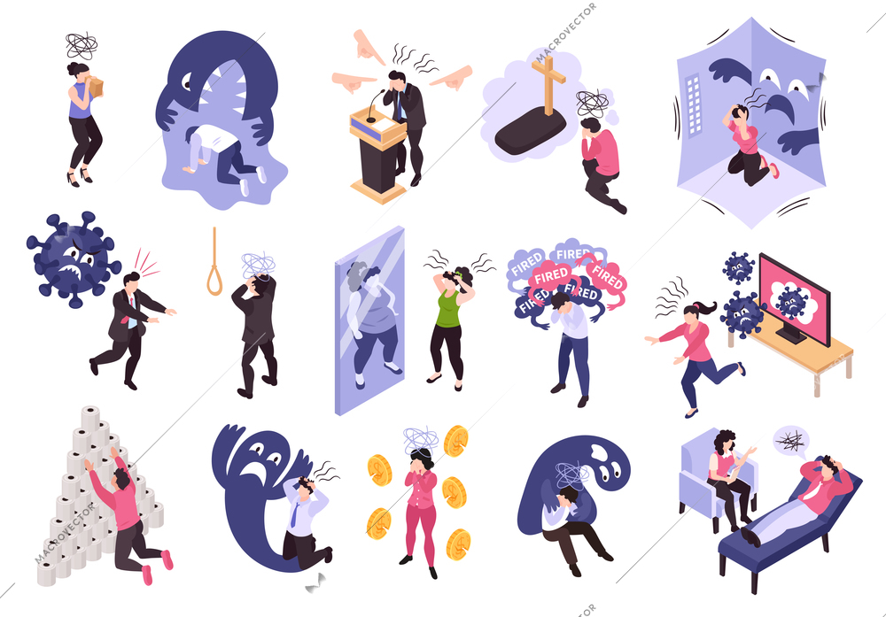 Isometric panic attack people set with isolated icons and conceptual compositions of human characters and monsters vector illustration