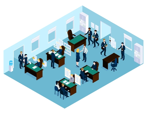 Isometric recruiting composition with indoor view of office and working places with employee characters having conversations vector illustration