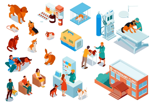 Isometric veterinary icon set with pets dogs cats rats drugs for pets veterinary clinic building vector illustration