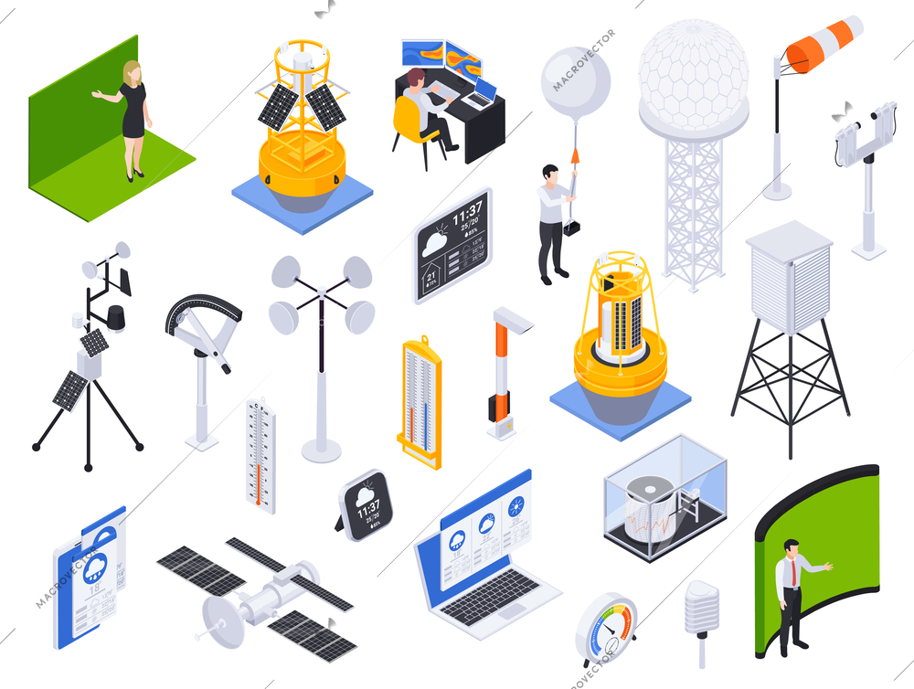 Meteorology weather forecast isometric set with isolated icons of wind pressure and temperature sensors with people vector illustration