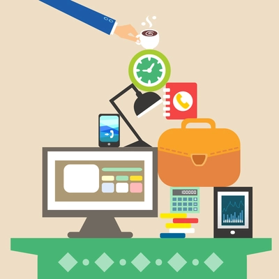 Workplace and business objects for hard work concept vector illustration