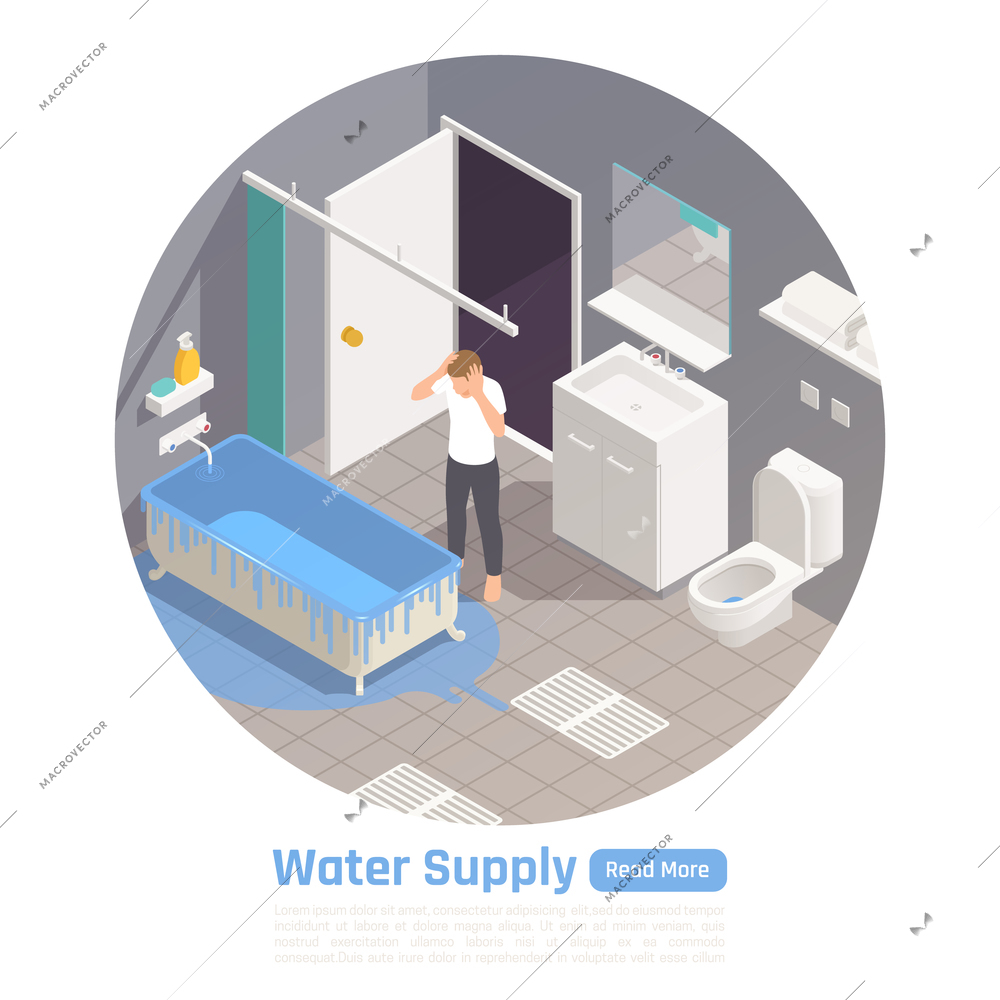 Residential house water supply system problems circular isometric composition frustrated with bathtub overflow leak tenant vector illustration