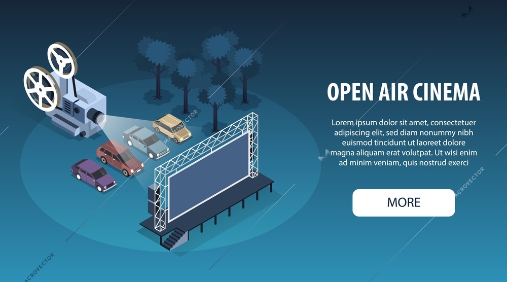 Isometric open air cinema horizontal banner with row of cars in front of screen with projector vector illustration