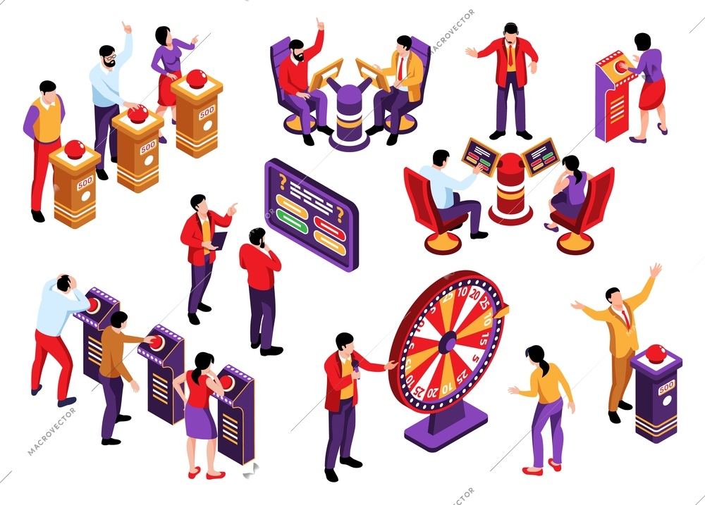 Isometric tv quiz set with isolated human characters of show participants and host with scene elements vector illustration