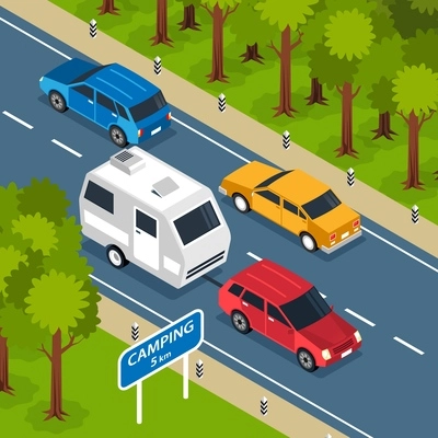 Isometric family trip square composition with outdoor scenery and motorway route with camper van and cars vector illustration