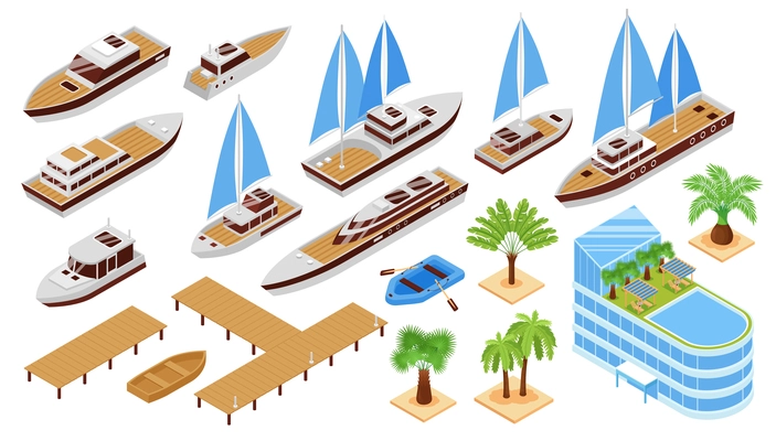 Isometric icons set with yachts boats and club territory elements isolated on white background 3d vector illustration