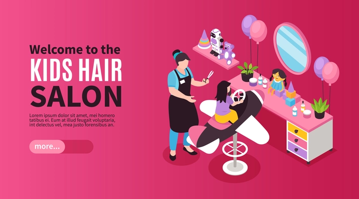 Beauty salon isometric banner with children barber cutting girl hair 3d vector illustration