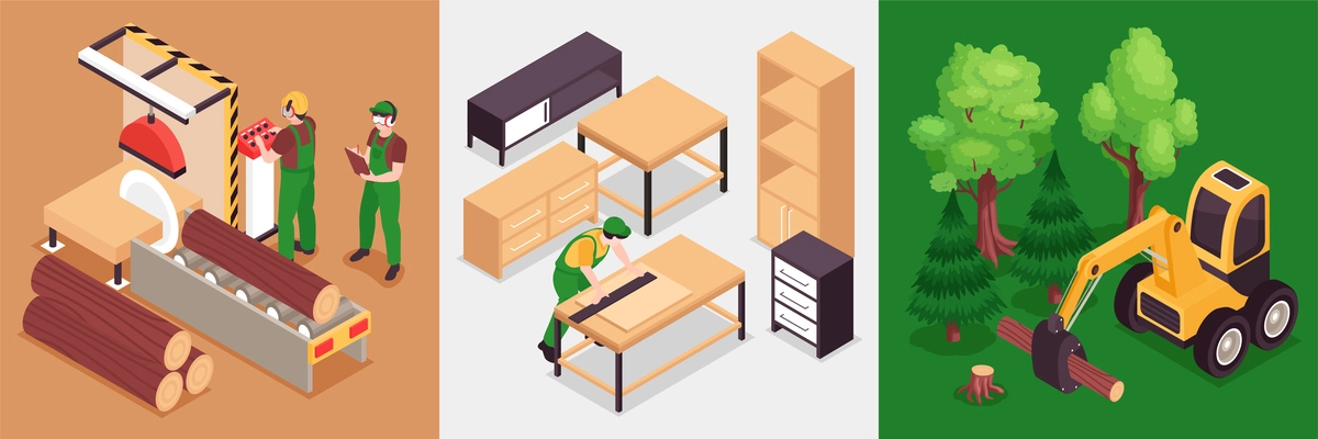 Isometric wooden furniture production design concept with square compositions of ready products and manufacturing process stages vector illustration