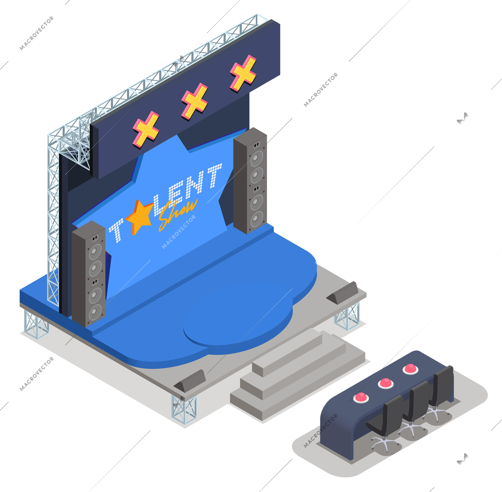 Tv talent show isometric composition with image of stage equipped with screen acoustics and judge seats vector illustration