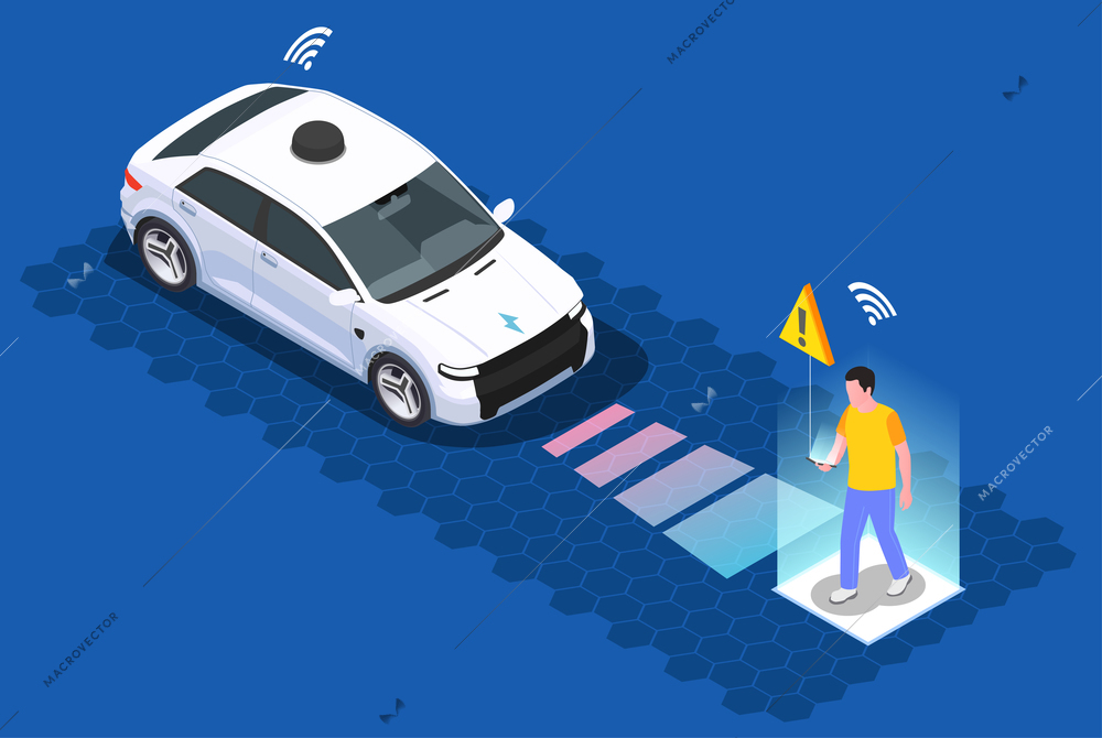 Smart city technologies isometric composition with image of moving remote car with scanner detecting walking pedestrian vector illustration