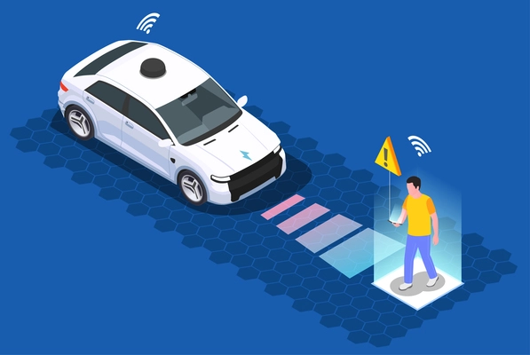 Smart city technologies isometric composition with image of moving remote car with scanner detecting walking pedestrian vector illustration