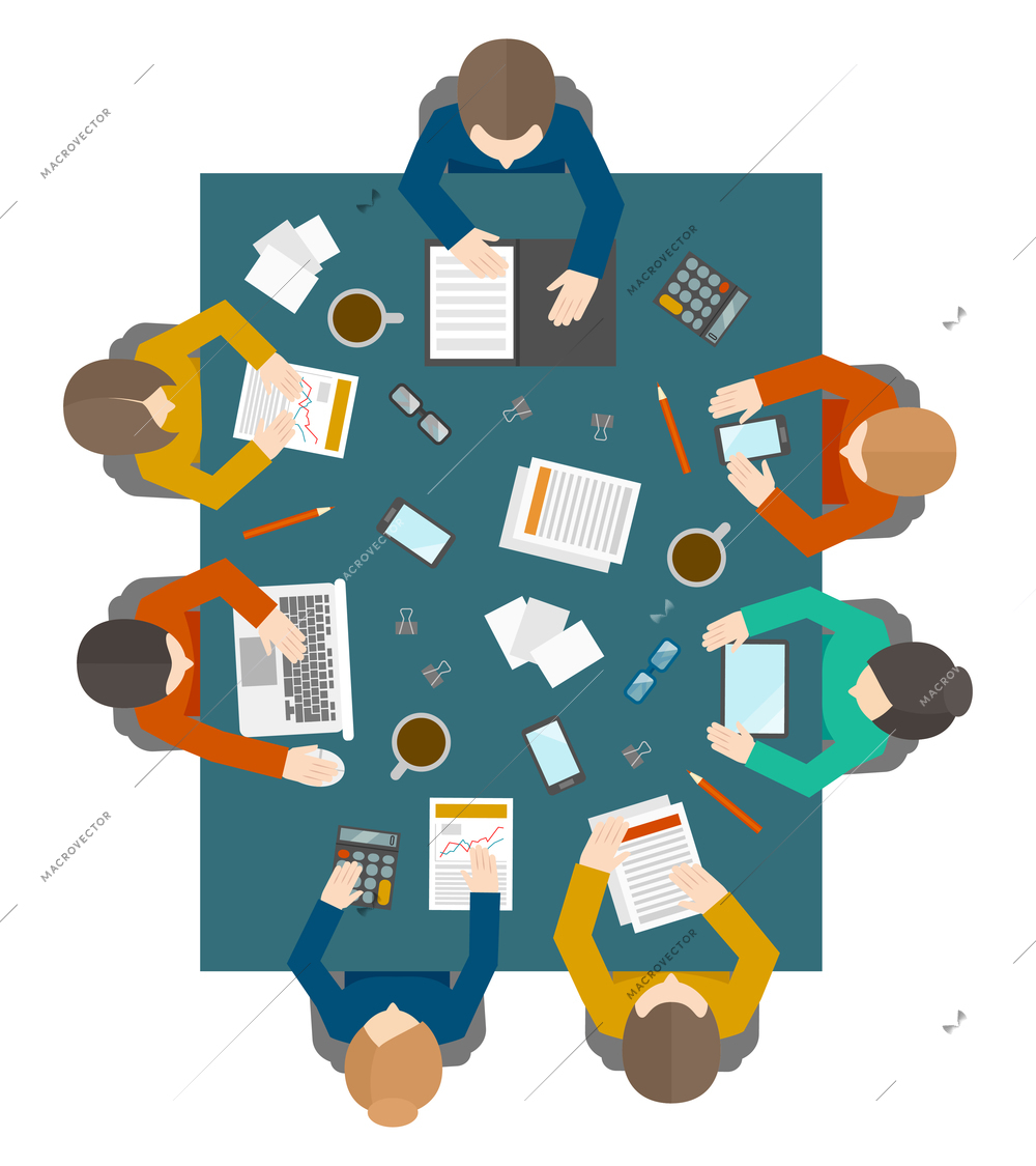 Flat style office workers business management meeting and brainstorming on the square table in top view vector illustration
