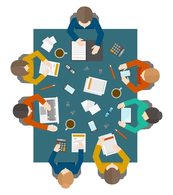 Flat style office workers business management meeting and brainstorming on the square table in top view vector illustration