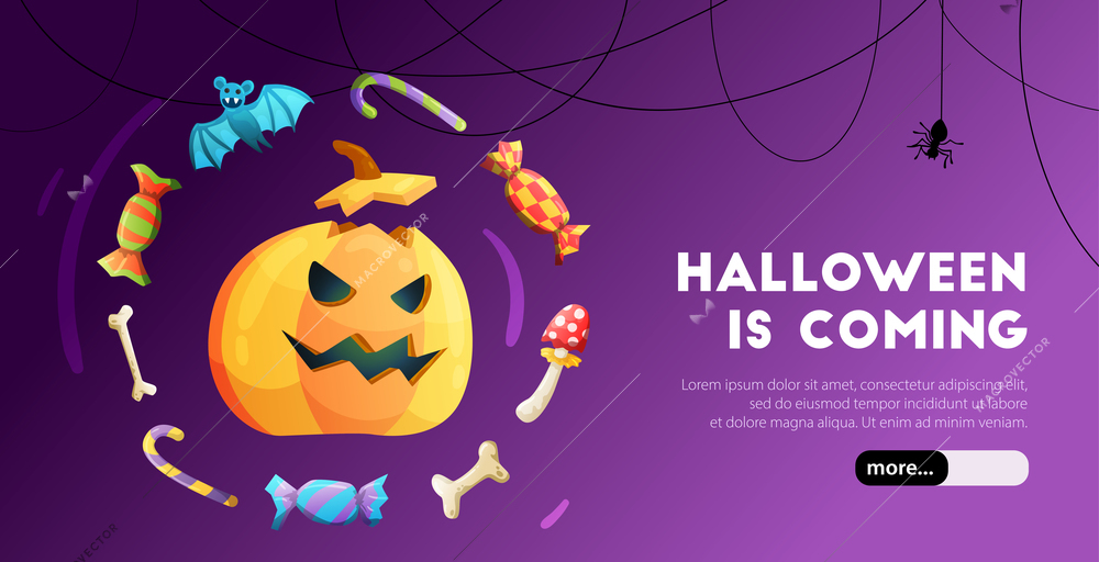 Halloween celebration colorful web banner landing page with pumpkin head bat bones composition purple background vector illustration