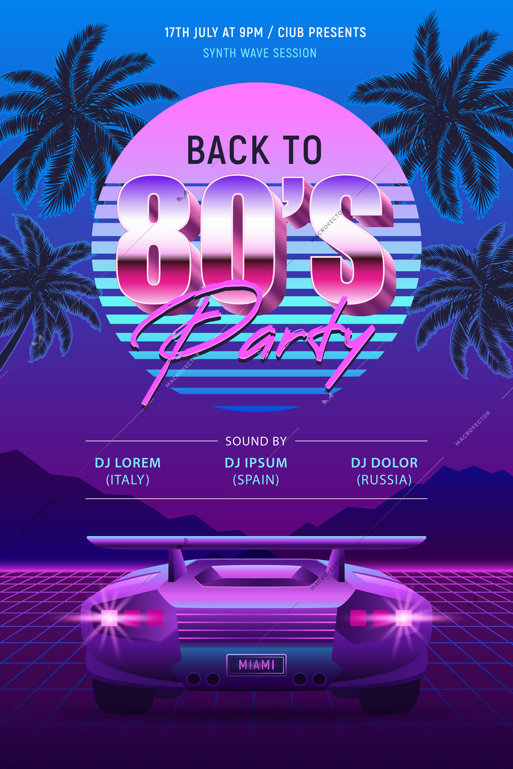 Realistic retro wave party vertical poster with futuristic car palm leaves and artwork with ornate text vector illustration