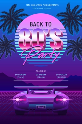 Realistic retro wave party vertical poster with futuristic car palm leaves and artwork with ornate text vector illustration