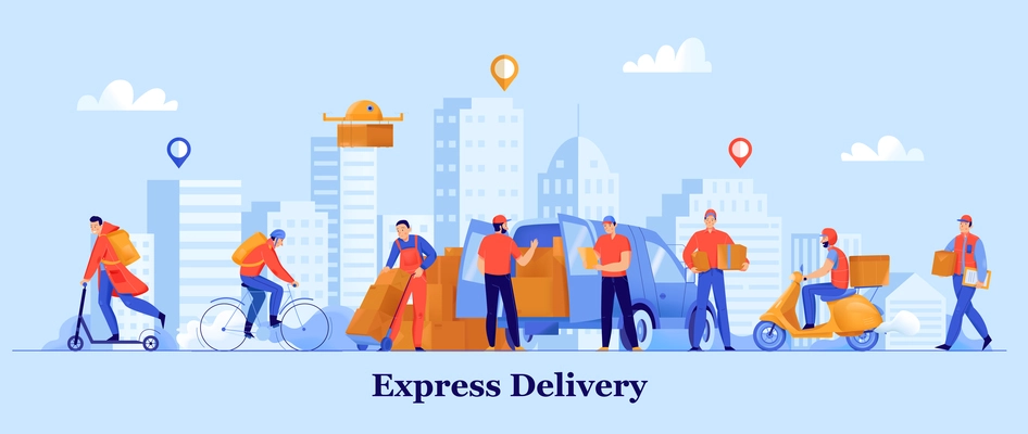 People from express delivery service with parcels on scooter bike car flat vector illustration