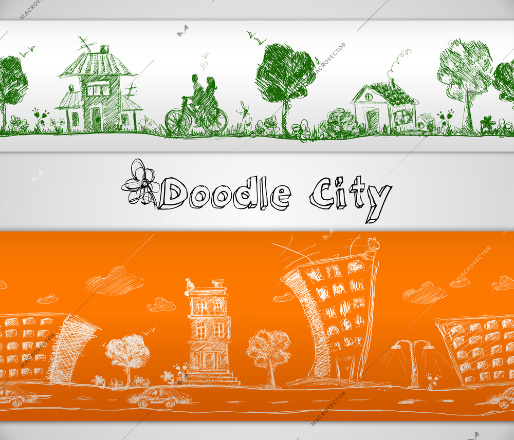 City doodle modern and old urban buildings seamless border vector illustration