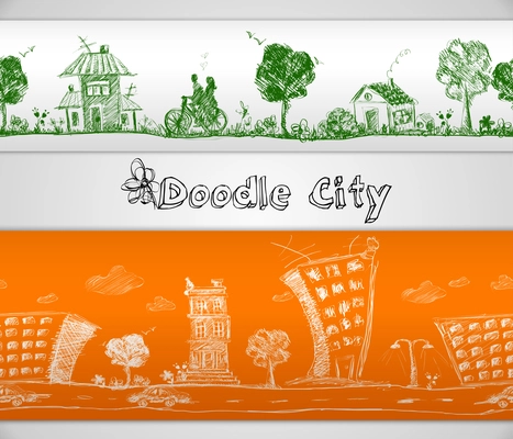 City doodle modern and old urban buildings seamless border vector illustration