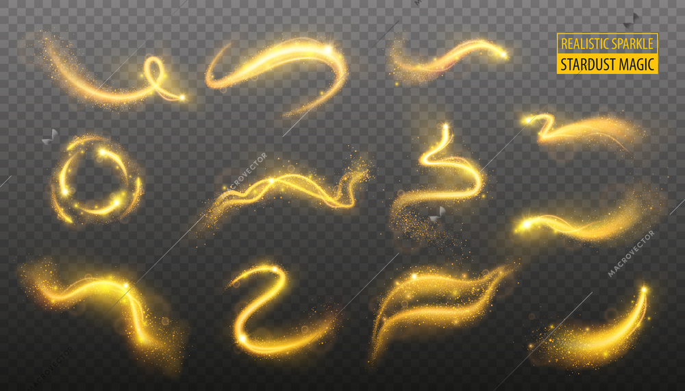 Realistic set of different golden magic sparkles and stardusts on transparent background abstract vector illustration