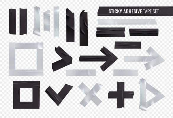 Black silver sticky adhesive tape realistic icon set with torn and crumpled glued in different figures vector illustration