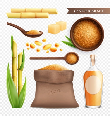 Cane sugar realistic transparent icon set with cane product golden rum and brown sugar par example vector illustration