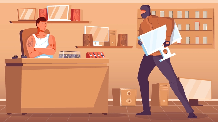 Thief in black mask robbing pawnshop flat vector illustration