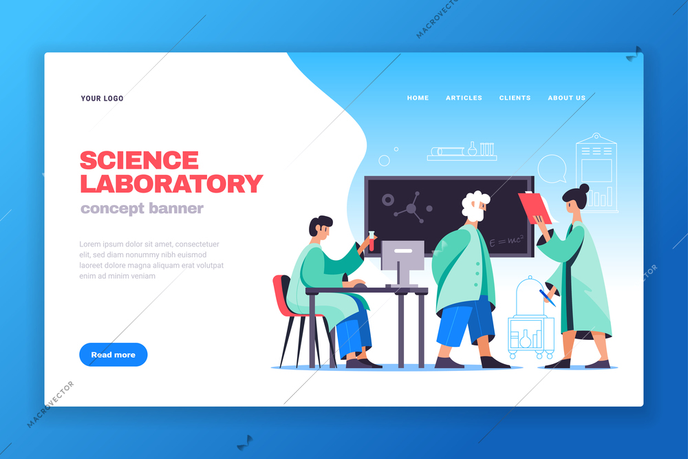 Science laboratory research publications concept web page banner with professor assistants test tubes experiment flat vector illustration