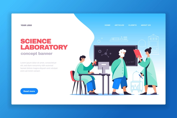 Science laboratory research publications concept web page banner with professor assistants test tubes experiment flat vector illustration