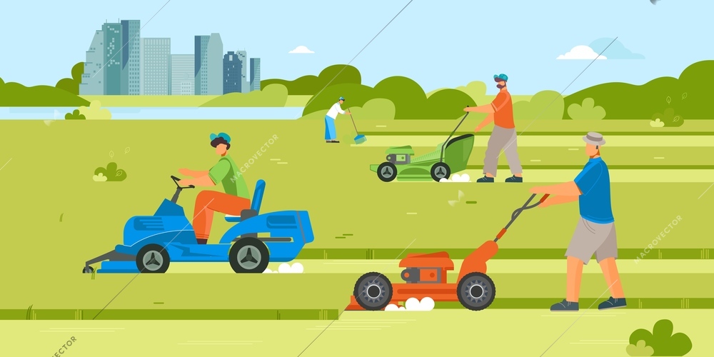 Lawn mowers composition with group of working people flat characters in grass field with cityscape background vector illustration