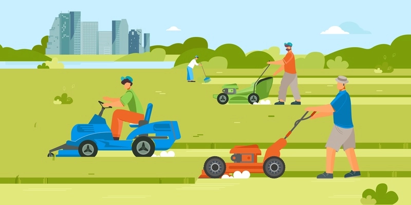 Lawn mowers composition with group of working people flat characters in grass field with cityscape background vector illustration