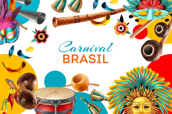 Brazil carnival realistic poster with beautiful masks drums maracas bells feathers vector illustration