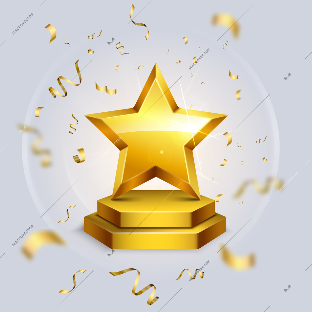 Realistic awards background with image of star award on pedestal surrounded by blurred confetti in motion vector illustration