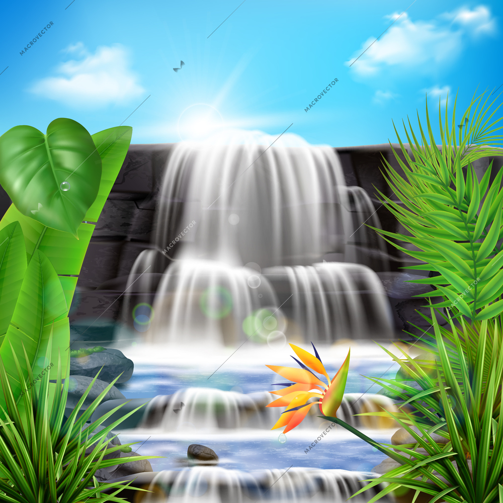 Realistic tropical waterfall background with summer afternoon landscape and exotic plants with water flow through dalles vector illustration