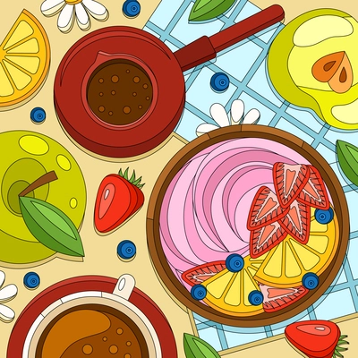 Coloring breakfast yogurt composition with table top view and lunch dishes with fruit slices and coffee vector illustration