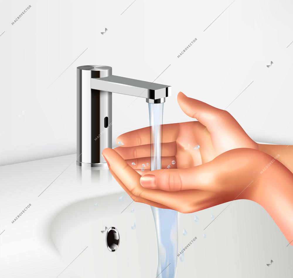 Personal hygiene realistic background with washing hands in sink under modern water faucet with sensor vector illustration