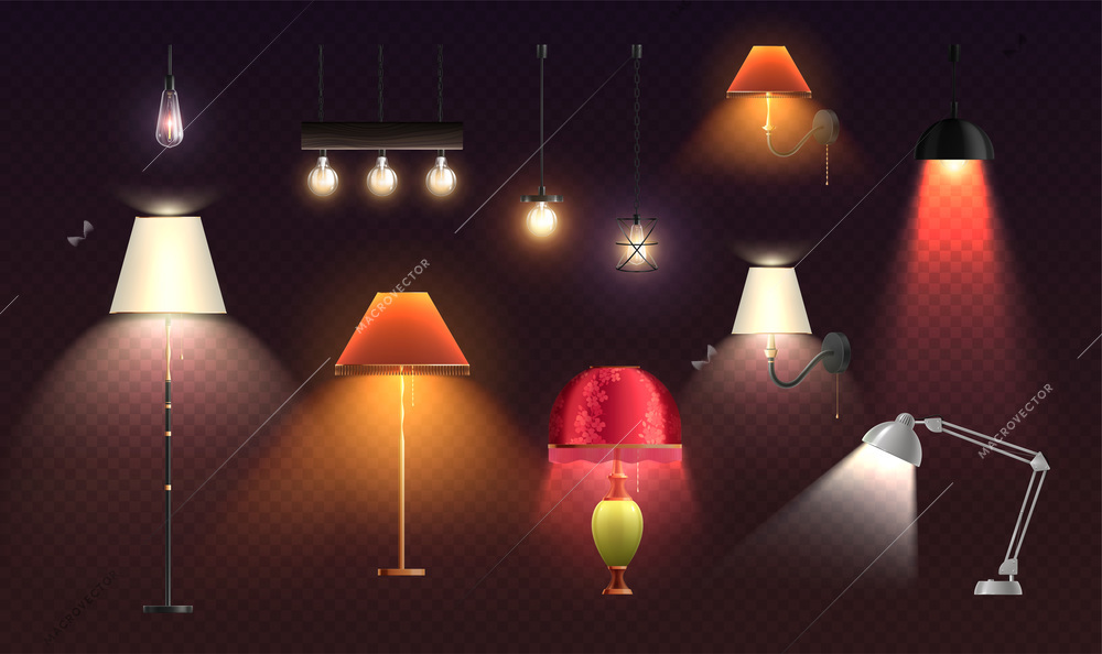 House lighting lamps realistic transparent set of isolated designer lampshades of different colour with light spots vector illustration