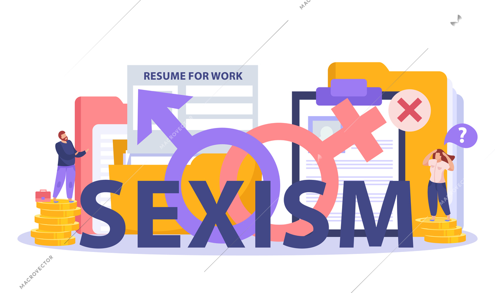 Sexism discrimination hiring salary gap symbols flat composition with resume template man on pile coins vector illustration