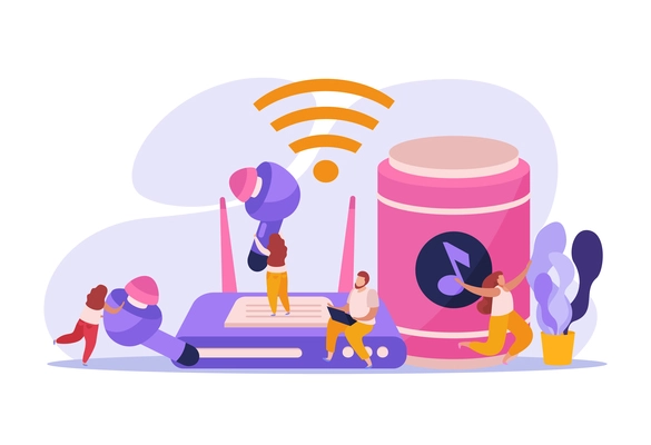 Wireless devices flat background composition with player earbuds loudspeaker dancing characters typing on laptop man vector illustration