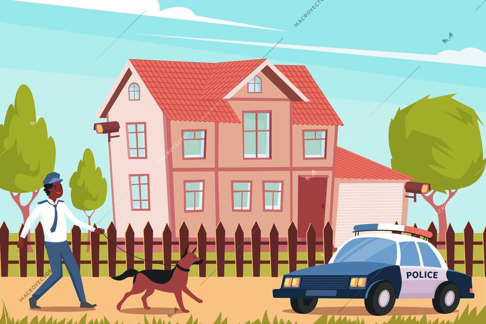 Flat background with police officer dog and car in front of house with installed home security cameras vector illustration