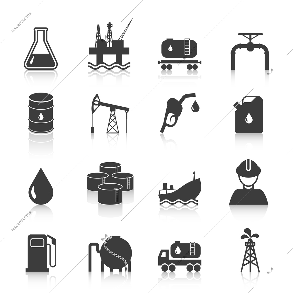 Oil industry gasoline processing symbols icons set with tanker truck petroleum can and pump isolated vector illustration