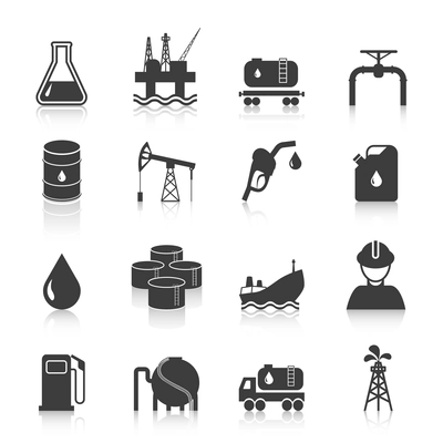 Oil industry gasoline processing symbols icons set with tanker truck petroleum can and pump isolated vector illustration