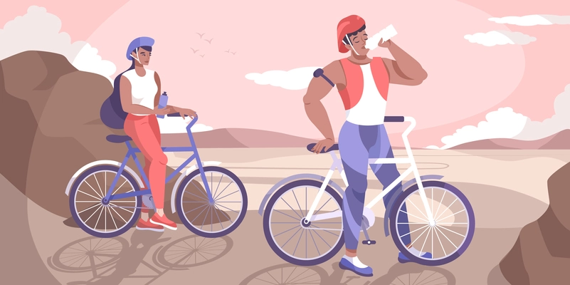 Biker drink water flat composition with couple on bike ride stopped to rest vector illustration