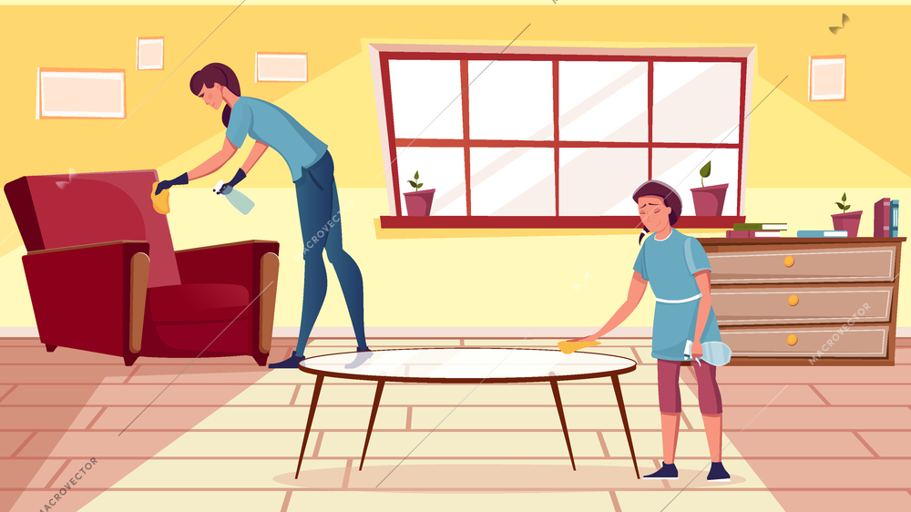 Smiling woman and girl cleaning furniture in living room flat vector illustration