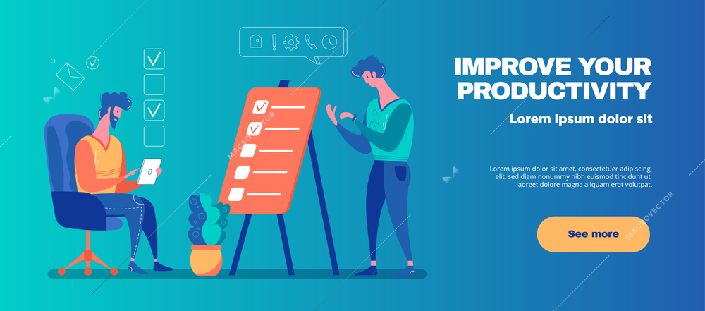 Improving productivity through effective time management horizontal gradient background web banner with marking completed tasks vector illustration