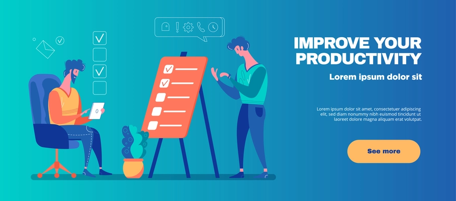 Improving productivity through effective time management horizontal gradient background web banner with marking completed tasks vector illustration