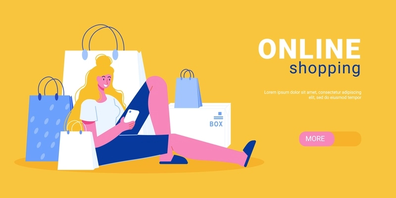 Online shopping horizontal banner with editable text more button and female character in front of bags vector illustration