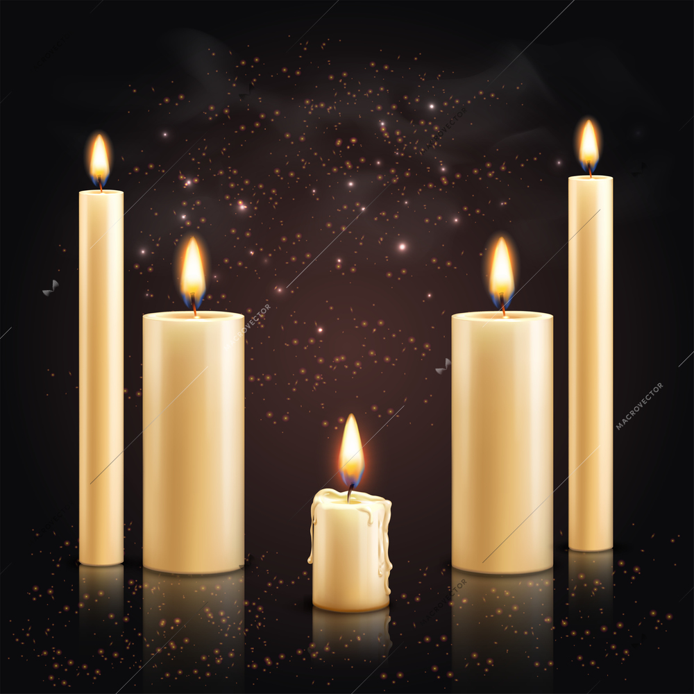 Realistic candles background with set of different candles with flame and light particles on dark background vector illustration