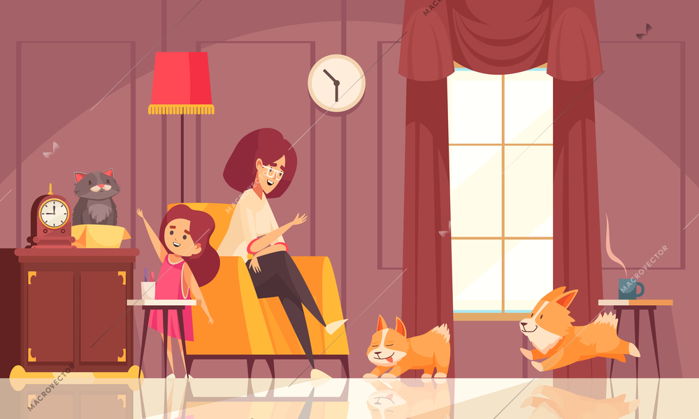 Pets growth stages composition with indoor view of home interior with mother daughter and their dogs vector illustration