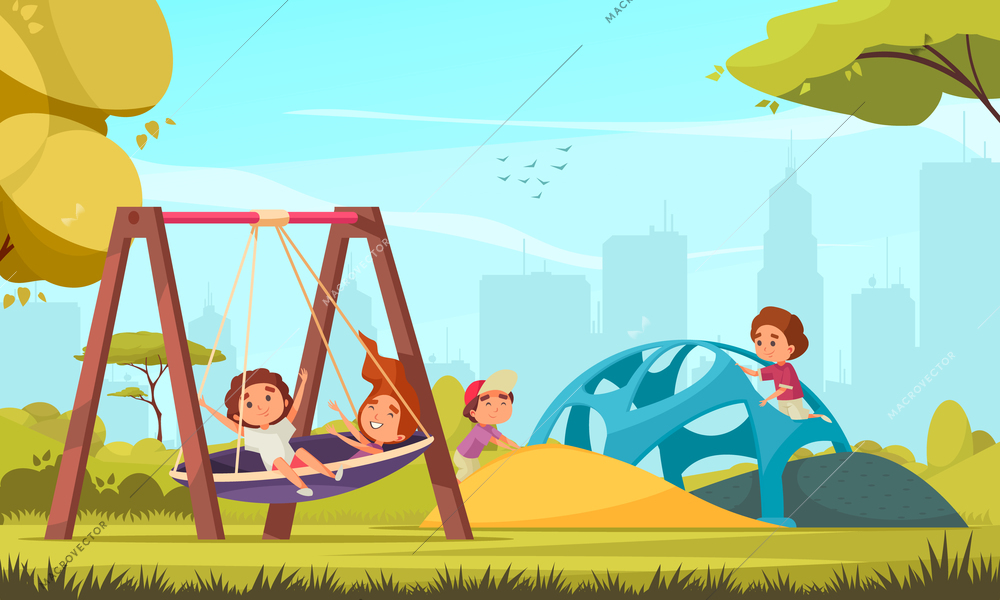 Outdoor activities with characters of playing kids seesaw and sand pit with silhouette of cityscape background vector illustration